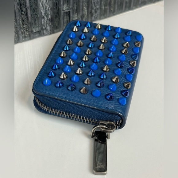 💙Christian Louboutin Panettone Blue Leather Multi Stud Spike Zip Wallet - Picture 9 of 14